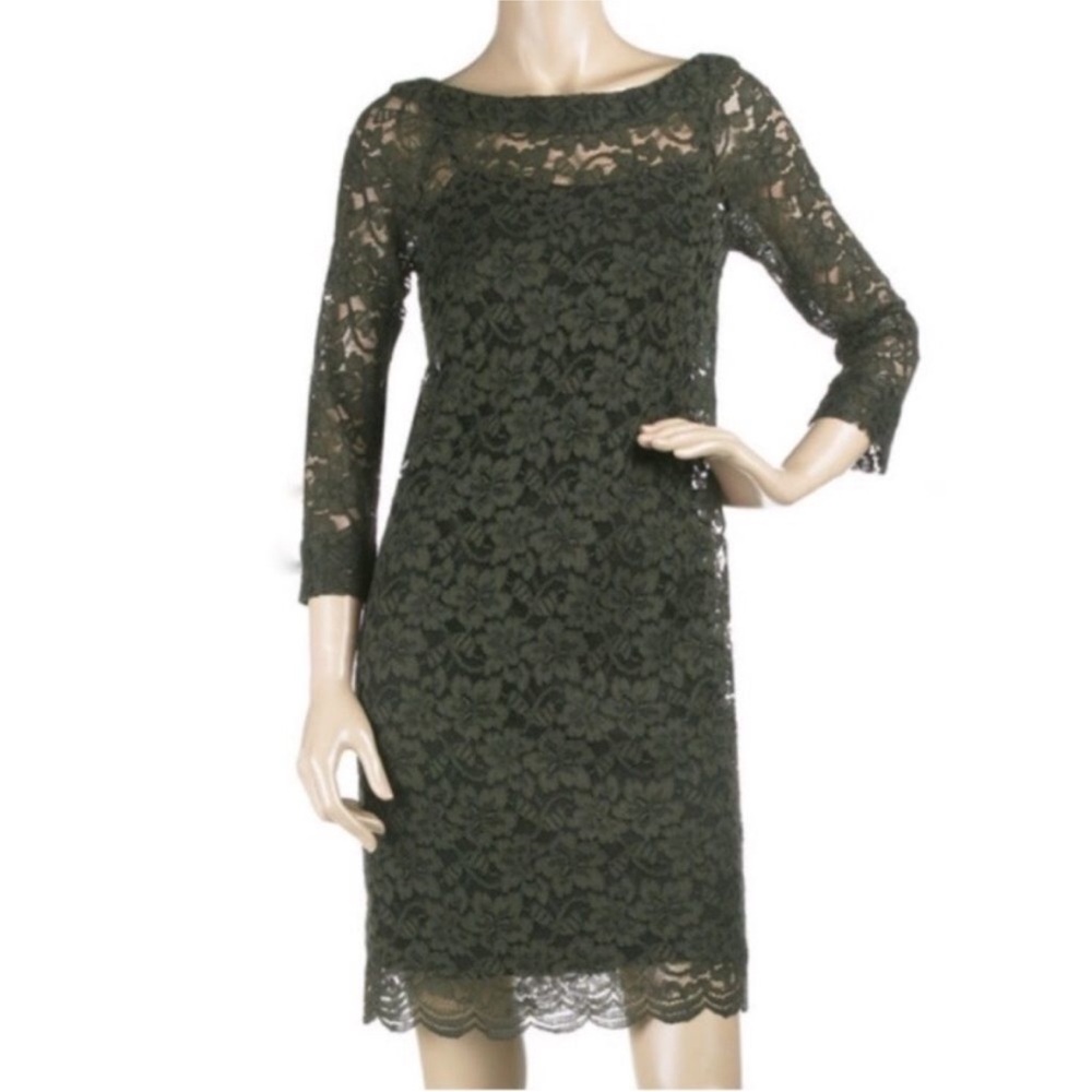 Diane von Furstenburg green Elisa lace dress with black slip (unattached)